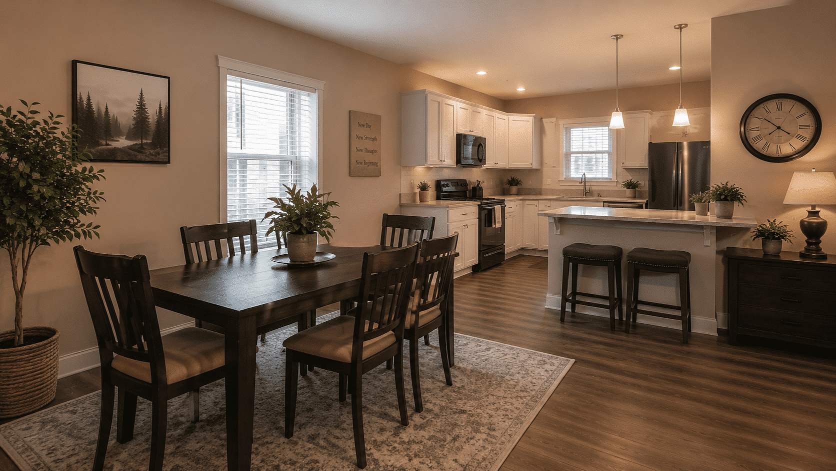 Comfortable furnished kitchen and dining area representing recovery housing