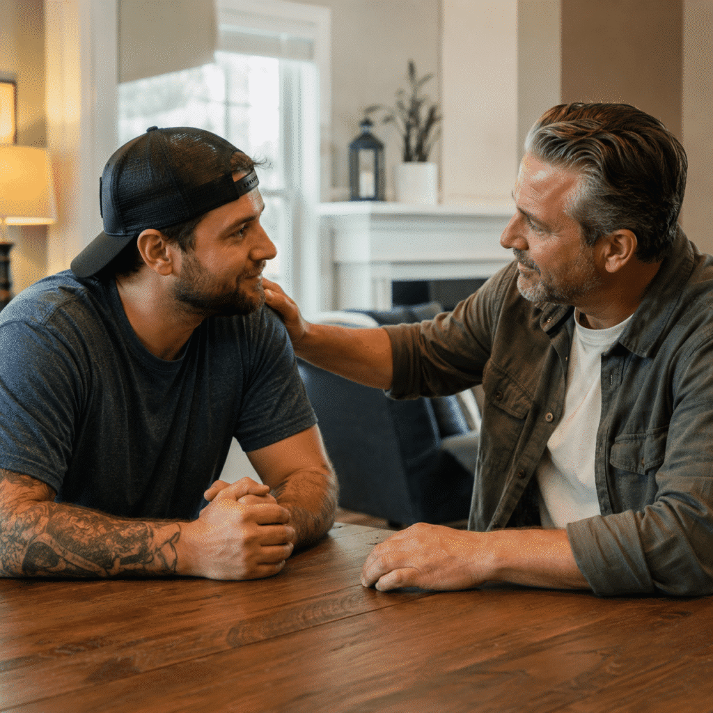 Supportive conversation representing dignity and respect in recovery housing