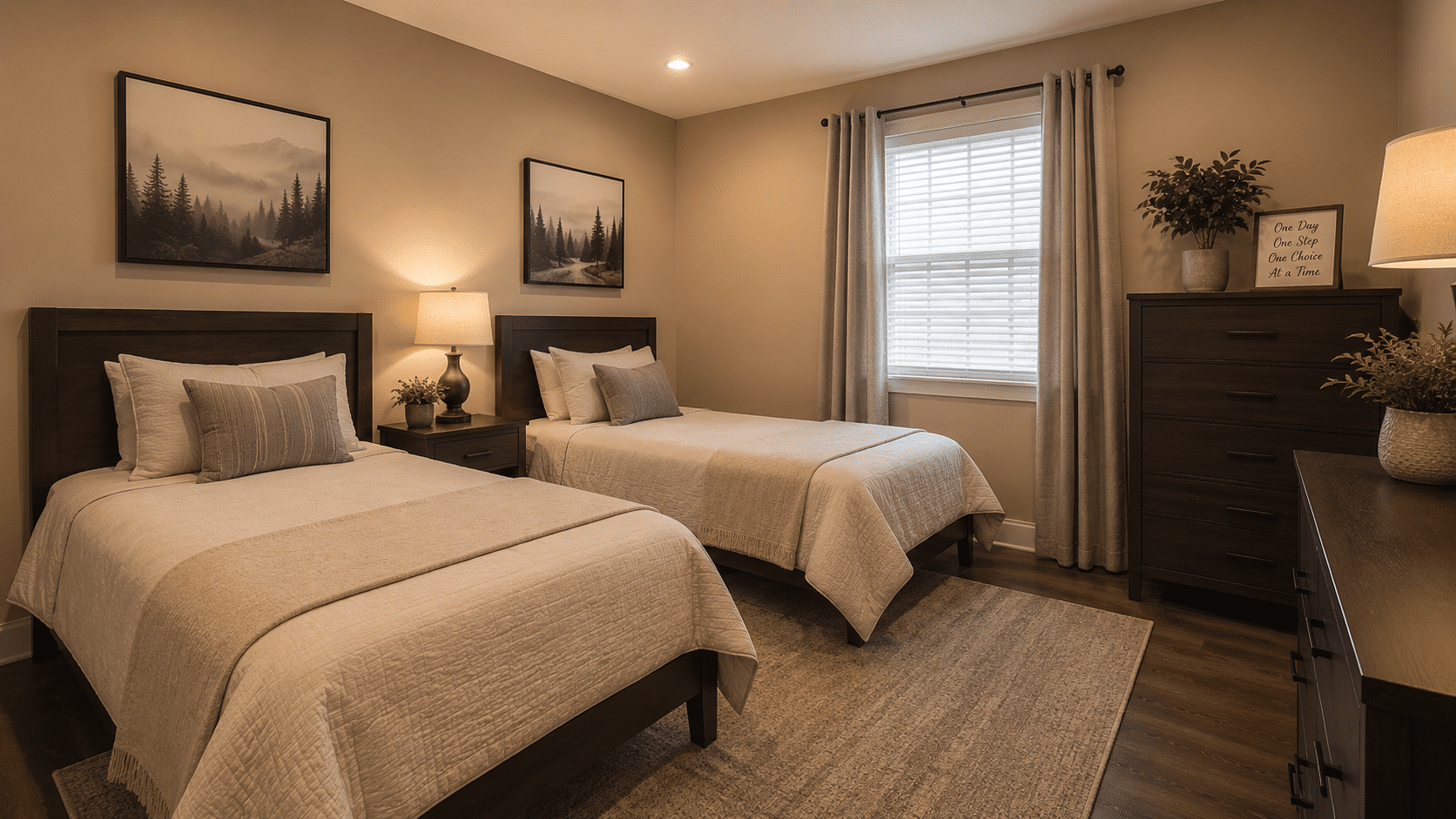 Furnished shared bedroom in a comfortable sober living environment