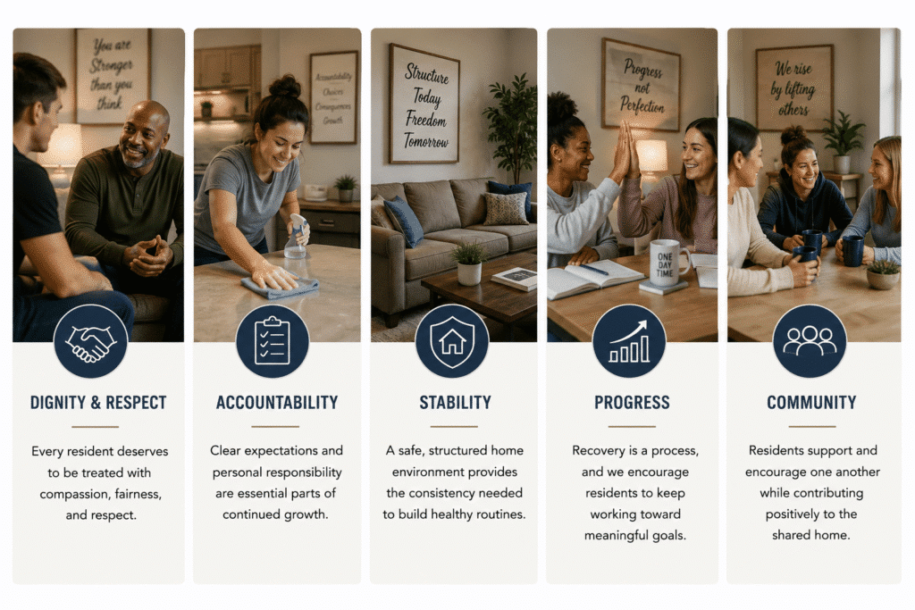 Core values of dignity, accountability, stability, progress, and community at Pure Serenity Sober Living