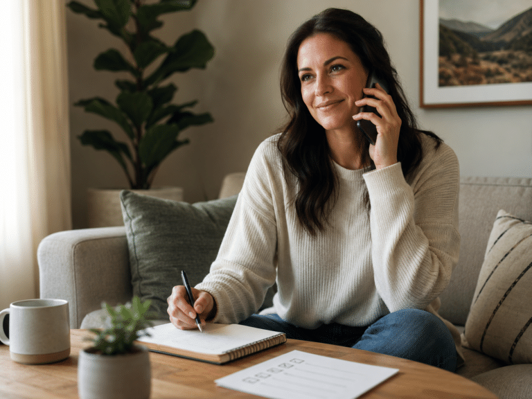 Admissions Woman speaking by phone about sober living admissions and next steps