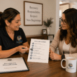 Agencies & Partners Resident reviewing sober living house expectations with staff