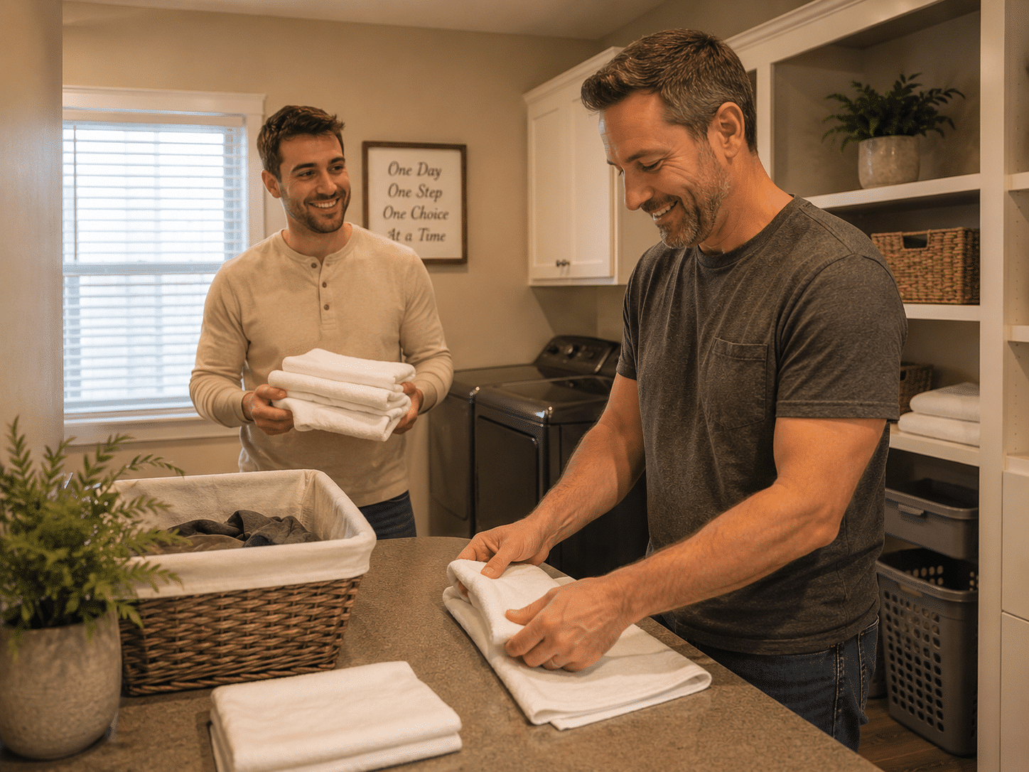 Residents completing household responsibilities in sober living